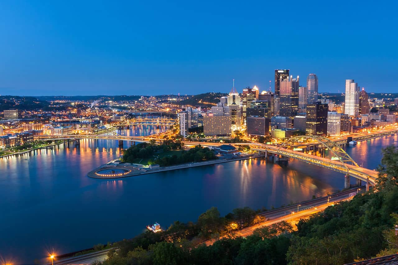 Pittsburgh downtown skyline at night, pennsylvania, USA.