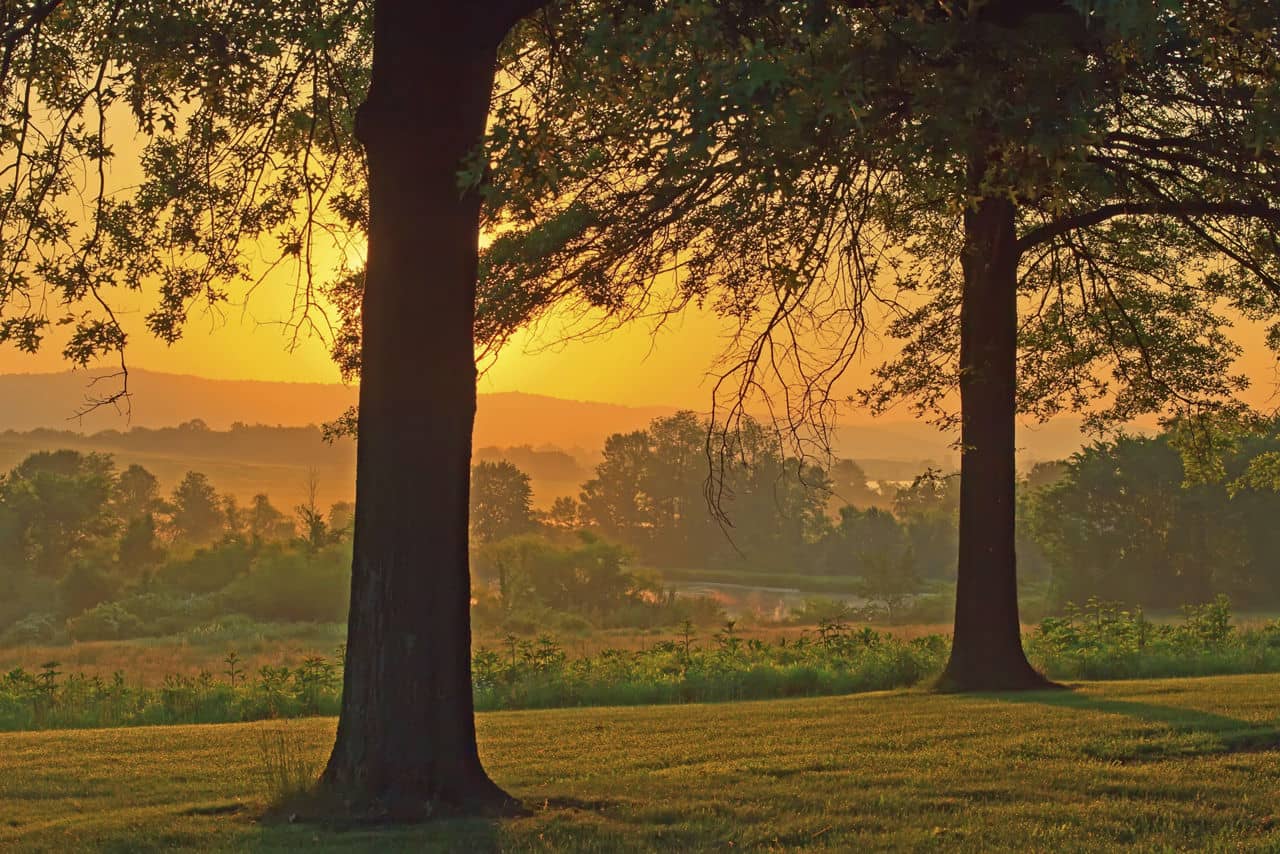 A beautiful foggy springtime sunrise in Lancaster County, Pennsylvania.