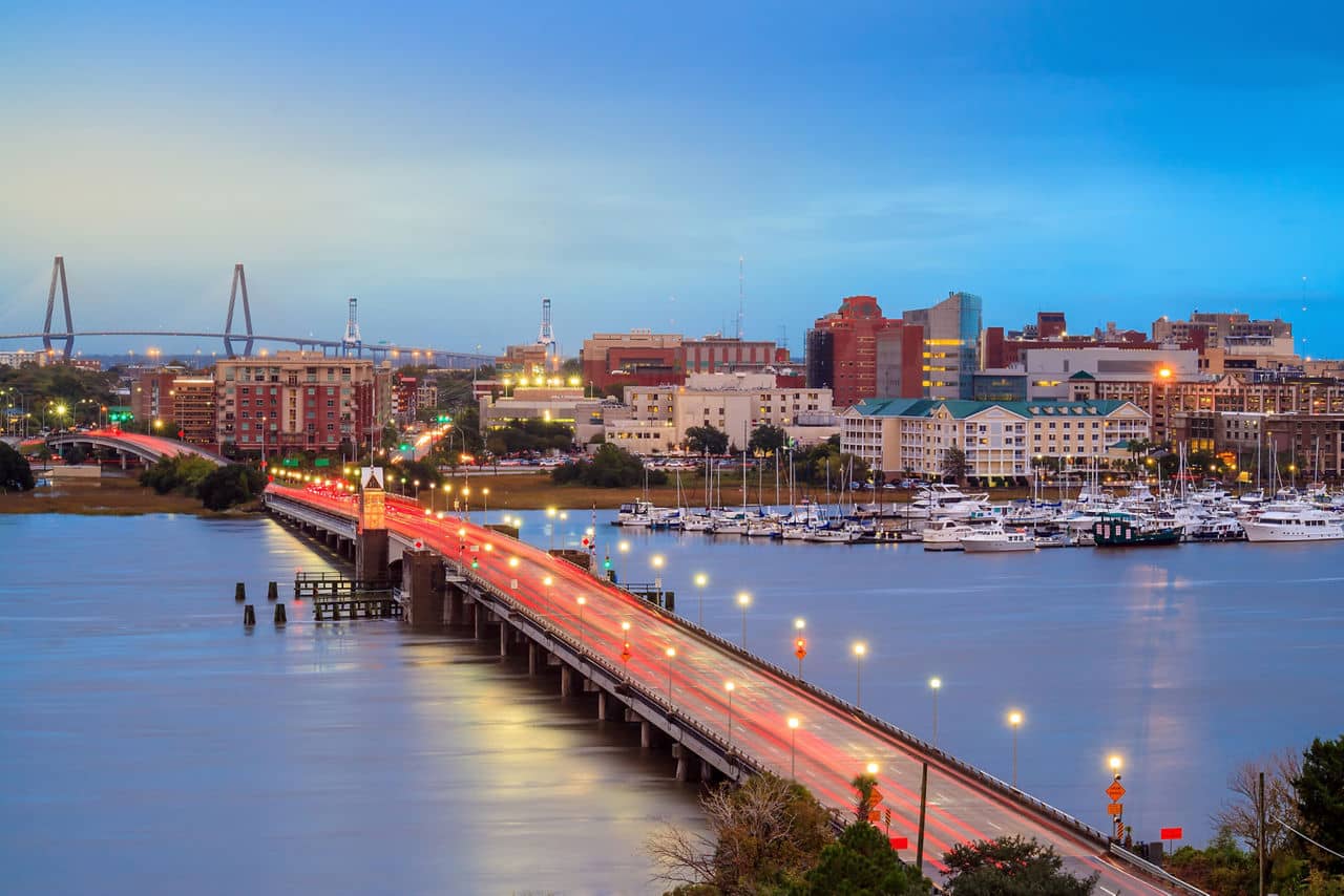 Skyline of Charleston, South Carolina, USA over the Ashley River at twilight.
