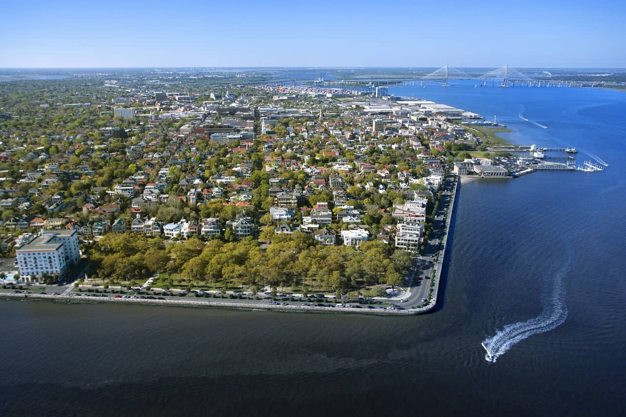 Aerial view of harbor and buildings in Charleston, South Carolina.