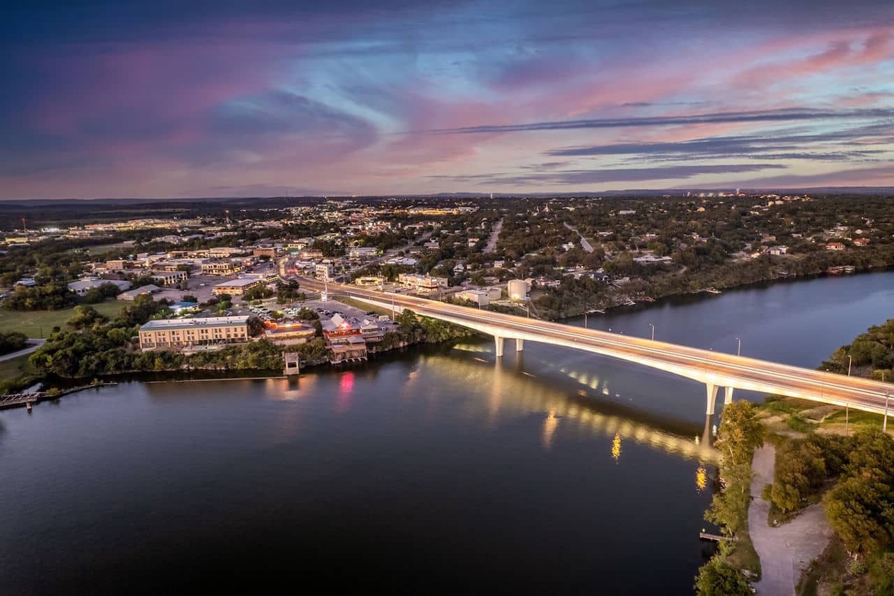 An ariel view of the bridge in Marble Falls, Texas.