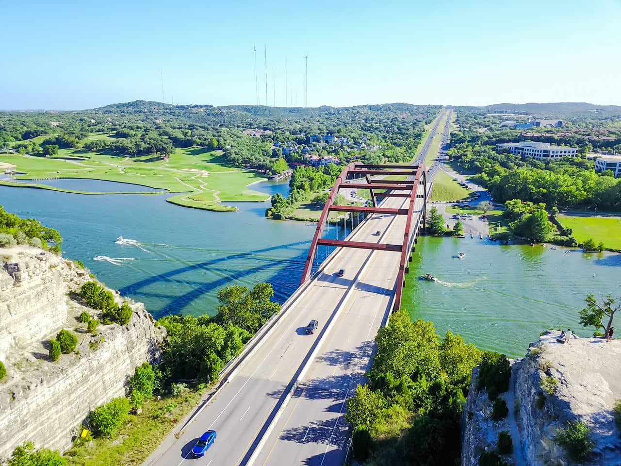 Aerial view Pennybacker Bridge and limestone cliff, a landmark in Austin, Texas