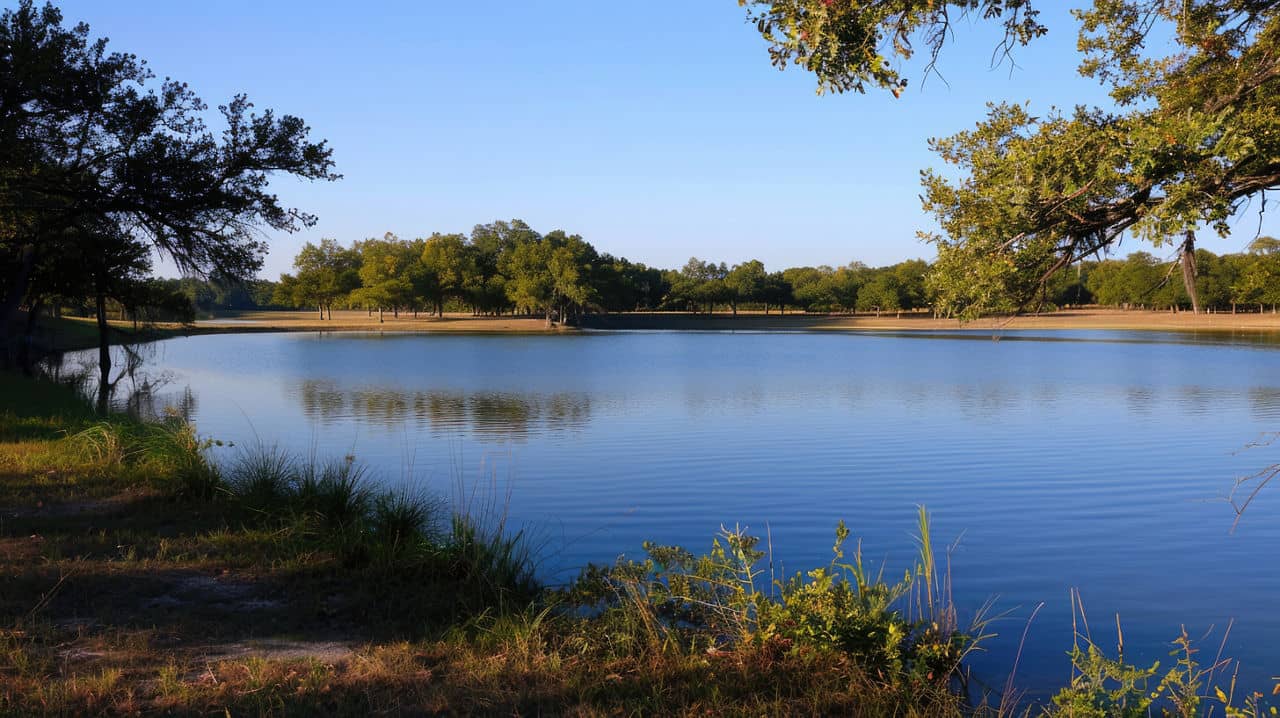 A peaceful lake surrounded by trees in Bryan, Texas, reflecting clear blue skies and calm water.