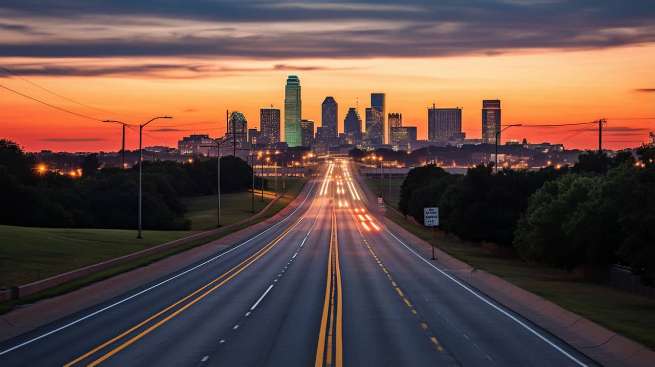 A view of the Frisco/Little Elm neighborhood in Texas at sunset, with a road leading towards a skyline illuminated by lights.