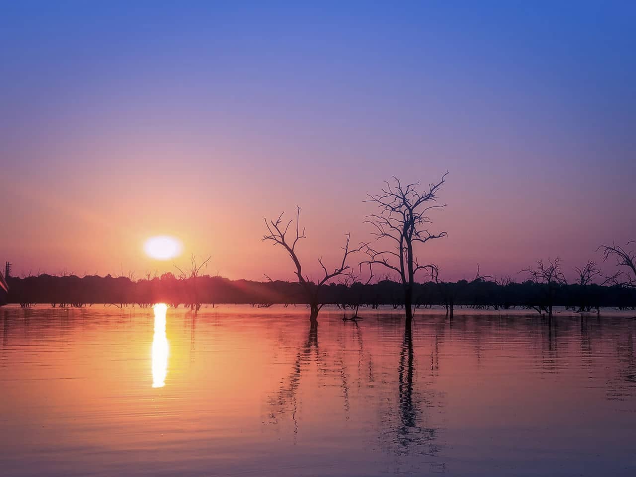 Sunset over calm water with silhouettes of trees in Garland/Northeast Garland, Texas. Colors blend from orange to blue.