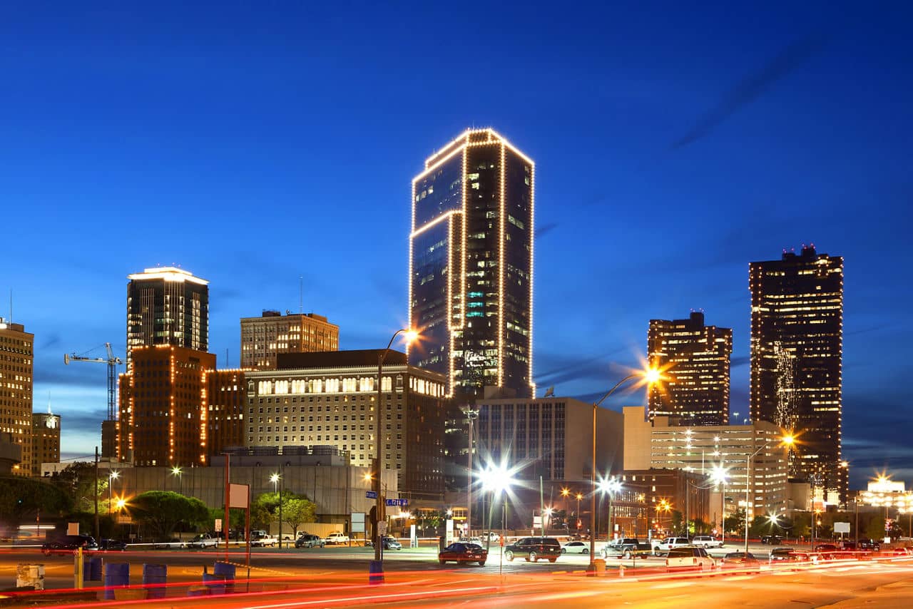 Downtown of Fort Worth illuminated at night. Texas, United States of America