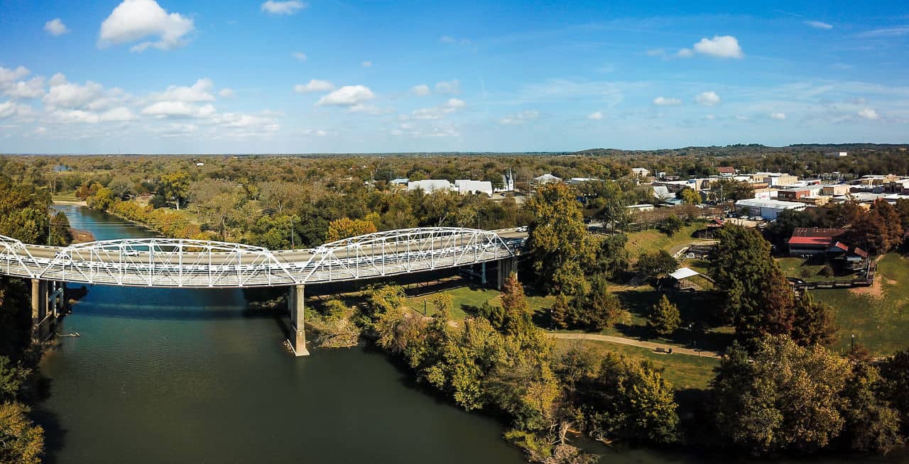 Ariel view of a bridge over the river in Bastrop/Manor, Texas