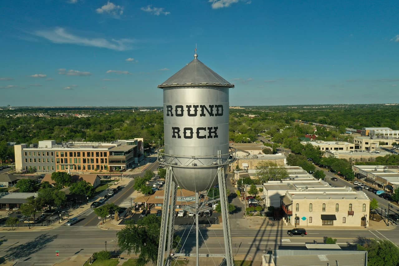 A view of the water tower in Round Rock, Texas.