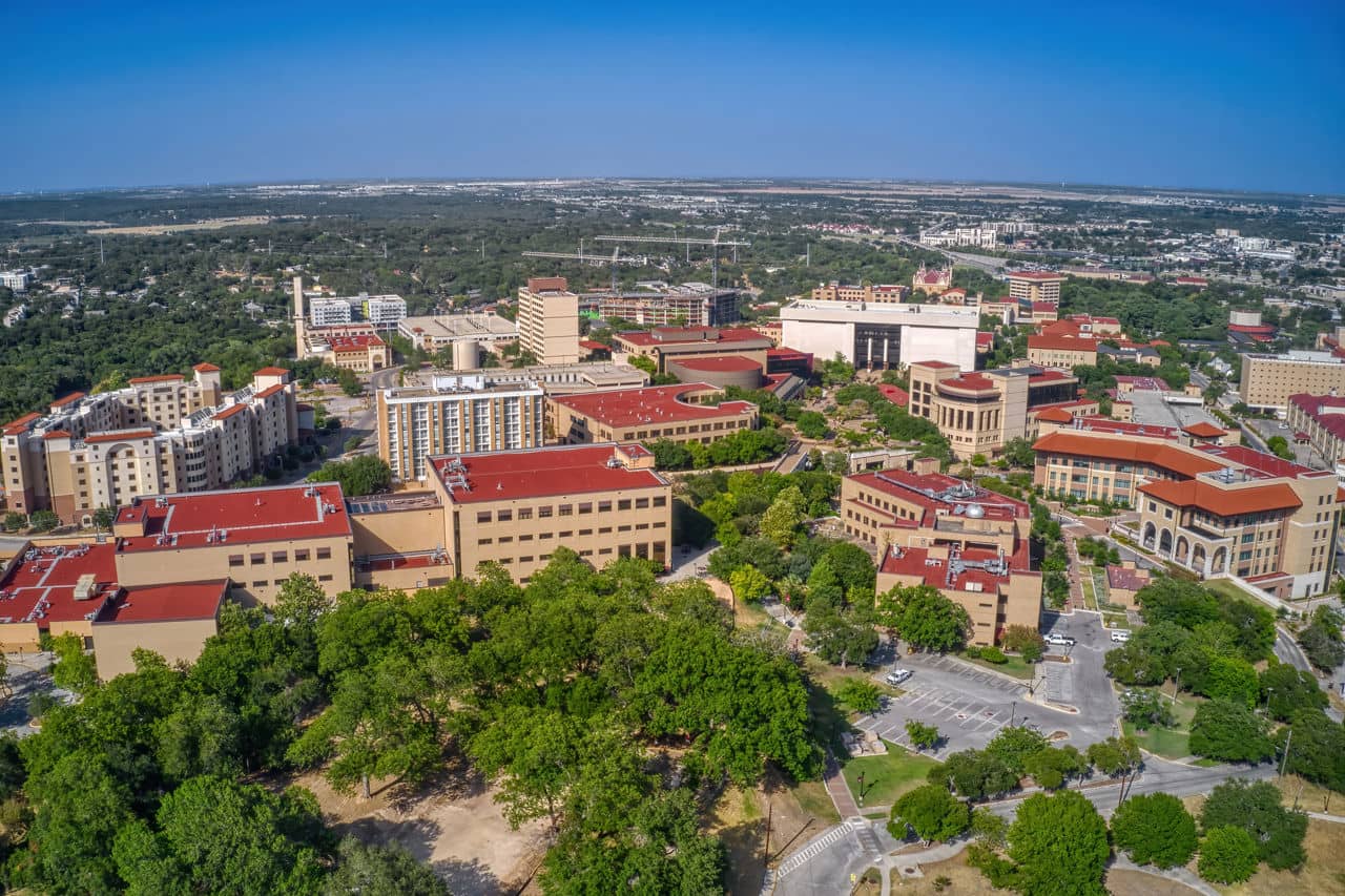 Aerial View of a large Public University in San Marco, Texas