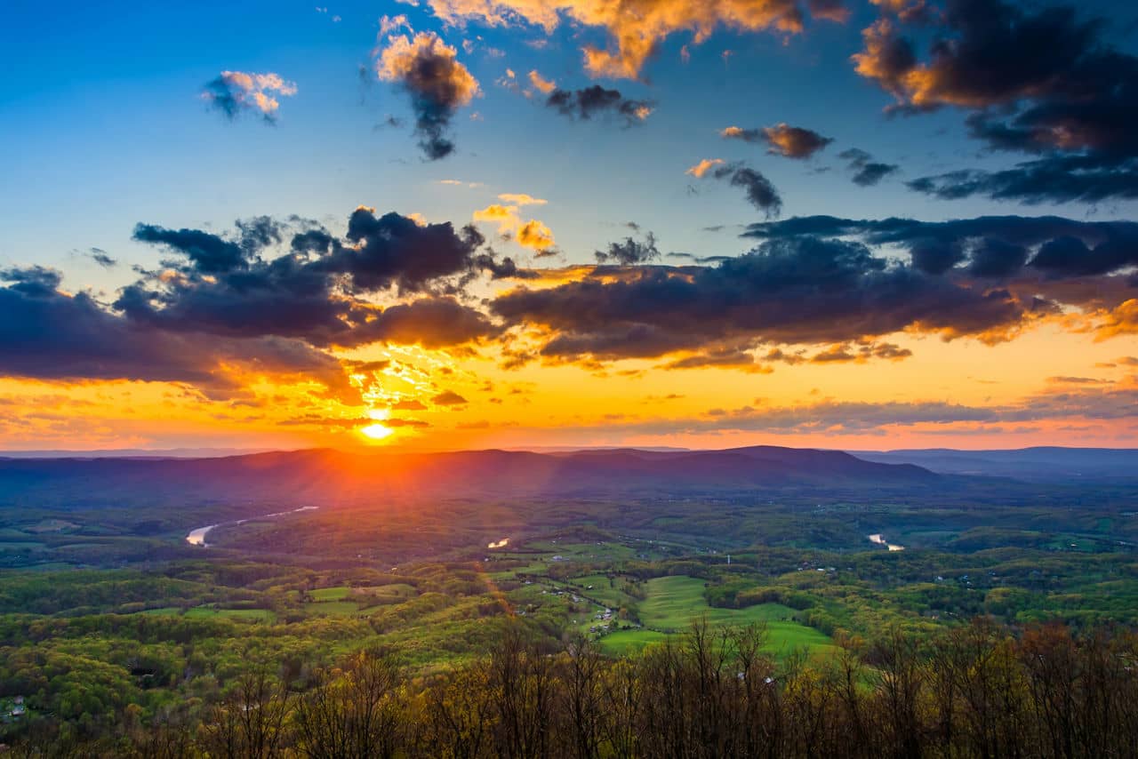 Sunset over the Shenandoah Valley from Skyline Drive in Shenandoah National Park, Virginia.