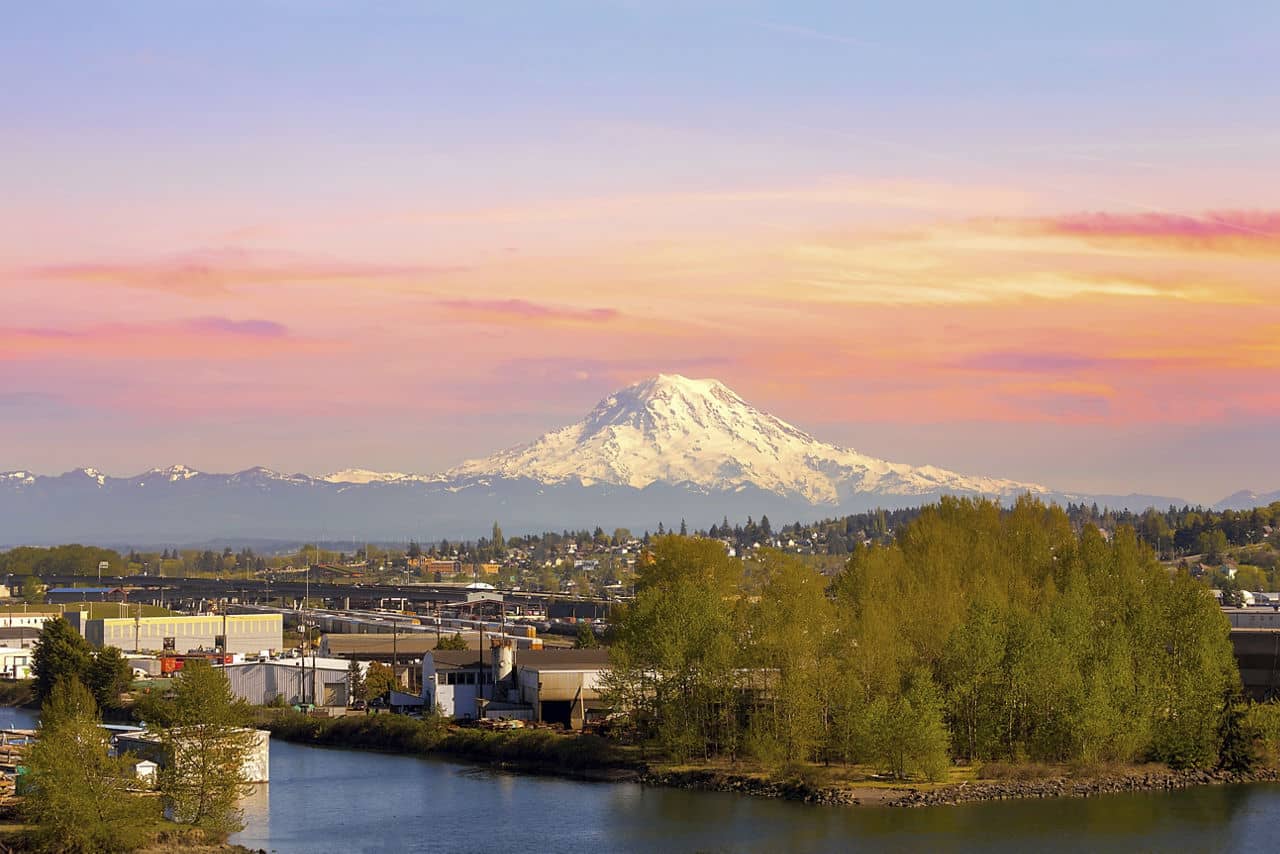 Mount Rainier from Tacoma Marina in Washington State at Sunset