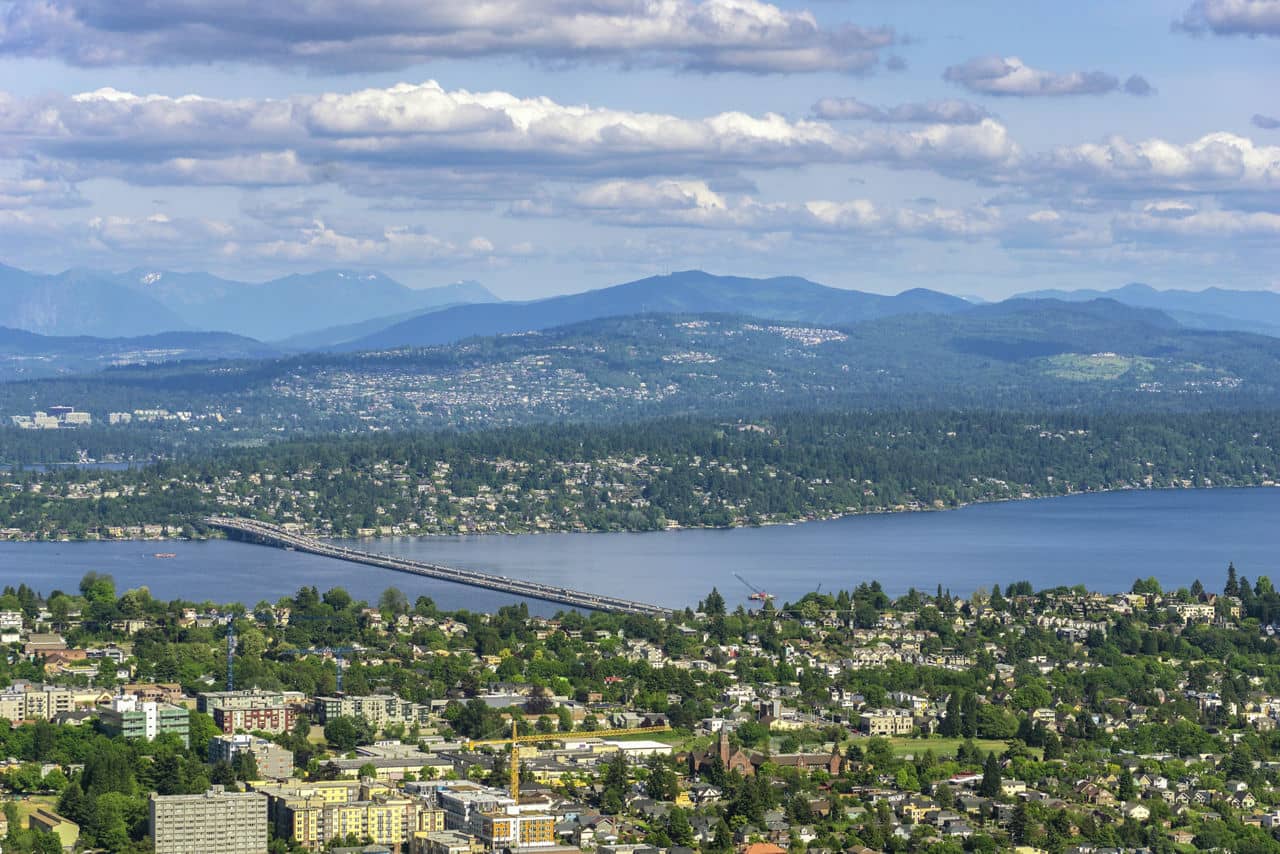 Aerial and remote view of Seattle (Leschi) with the Lacey V Murrow Bridge over Lake Washington and the Mercer Island and Bellevue, Washington state, USA.
