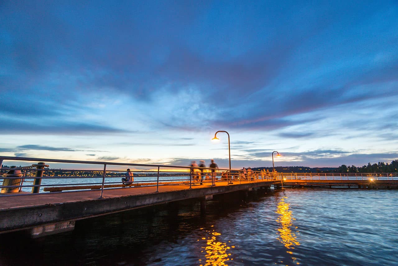 scene of walk way on the lake when sunset in Gene Coulon Memorial Beach Park,Renton,Washington,usa.
