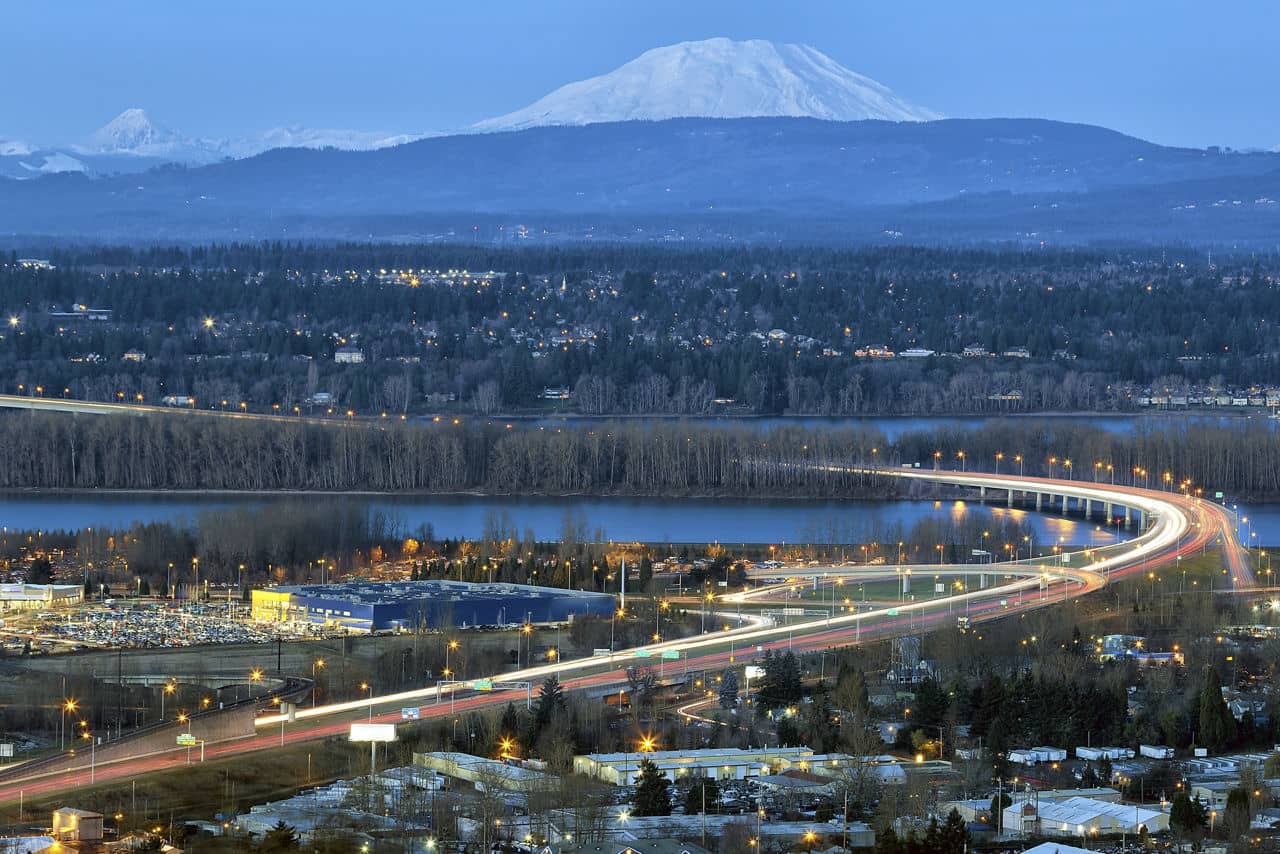 Glenn L  Jackson Memorial Bridge I-205 freeway over Columbvia River between Oregon and Washington state during evening blue hour