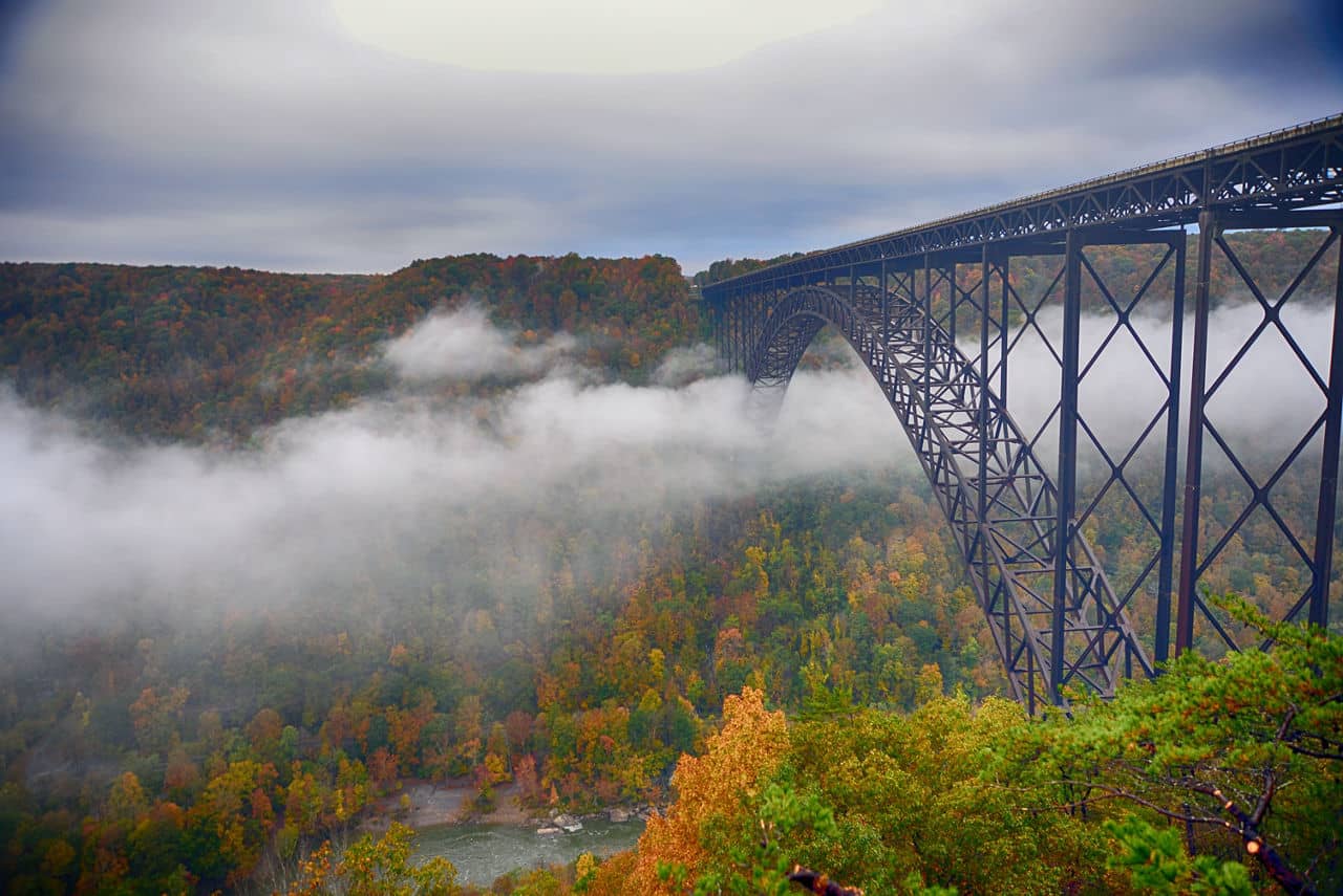 Fog in the morning going under the New River Gorge Bridge 