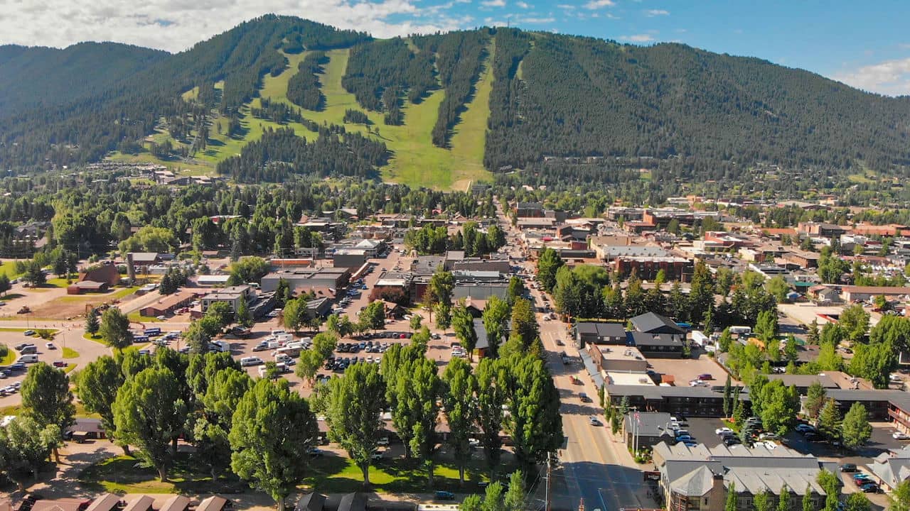 Jackson Hole, Wyoming. Panoramic aerial view of town and landscape on a beautiful summer morning