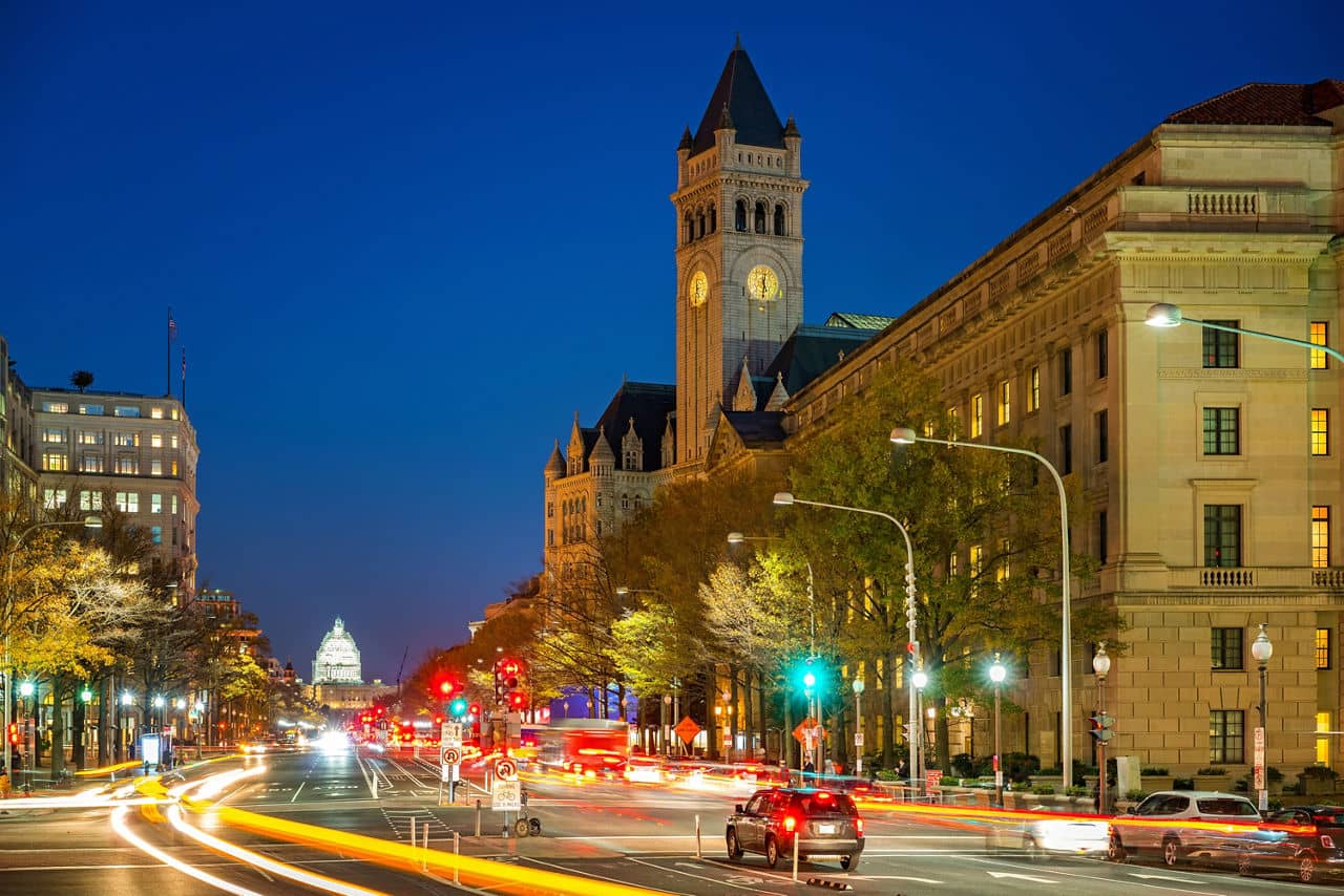 Pennsylvania Avenue, Old post building and Capitol at night, Washington DC, USA