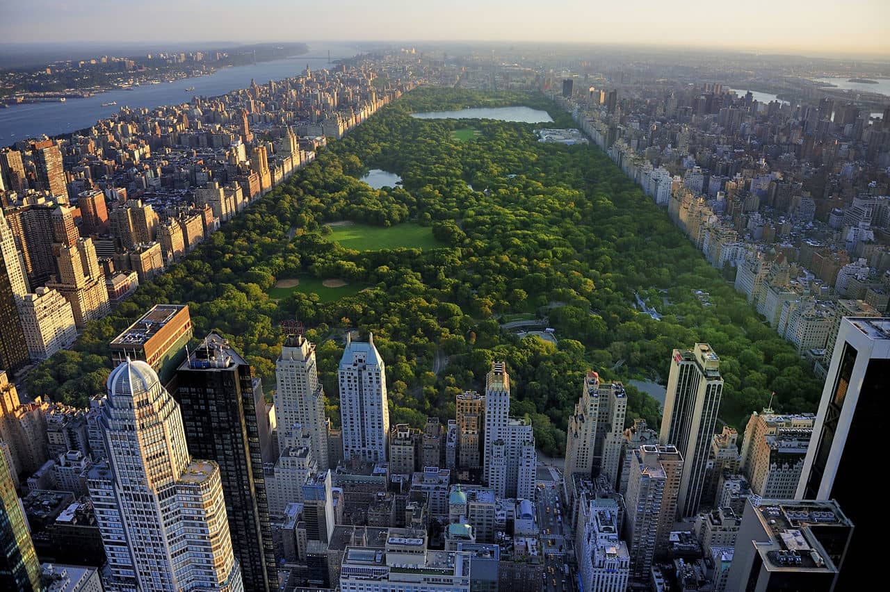 Central Park aerial view, Manhattan, New York; Park is surrounded by skyscraper 