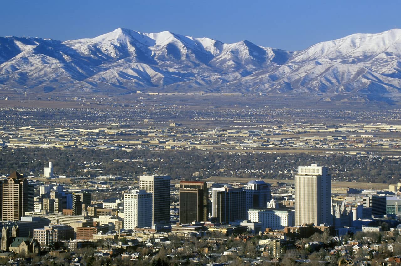 Skyline of Salt Lake City, UT with Snow capped Wasatch Mountains in background
